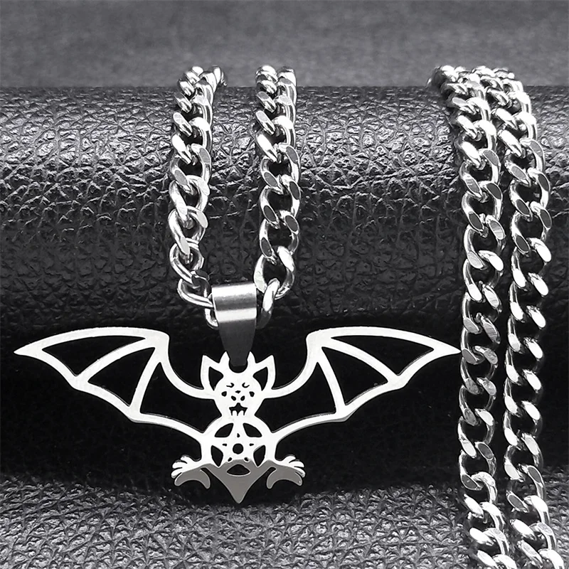 Punk Gothic Fledermaus Pentagramm Kette Halskette Frauen Männer Edelstahl Silber Farbe Tier Halloween Halsketten Schmuck Geschenk n9735s03 – Detail 3