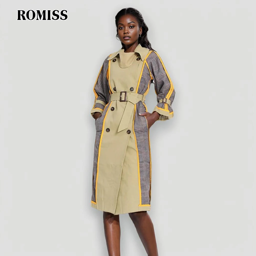 

ROMISS Hit Color Windbreaker For Women Lapel Long Sleeves High Waist Patchwork Belted Double Breasted Trench Female Fashion