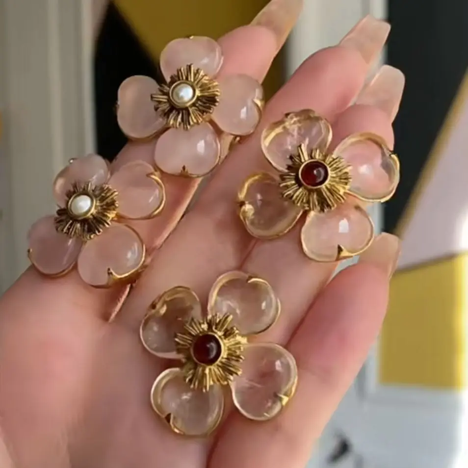 Vintage Pink Crystal Flower Stud Earrings For Women Jewelry Runway Party T Show Fancy Trendy Boho INS Japan Korea