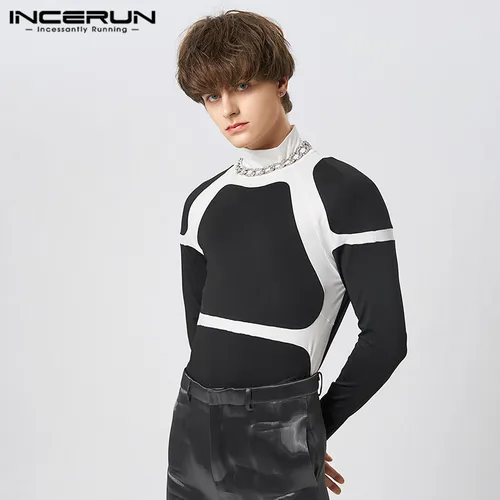 패션의 진수를 보 여주는 INCERUN 남성용 패치워크 터틀넥 티셔츠 추천