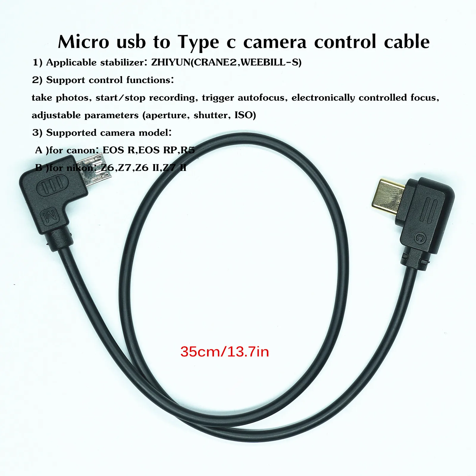 For Zhiyun Crane 2 / Weebill S stabilizer to Sony/Fuji/Canon EOS/Nikon 35cm Control Cable Micro USB to Type C Cable