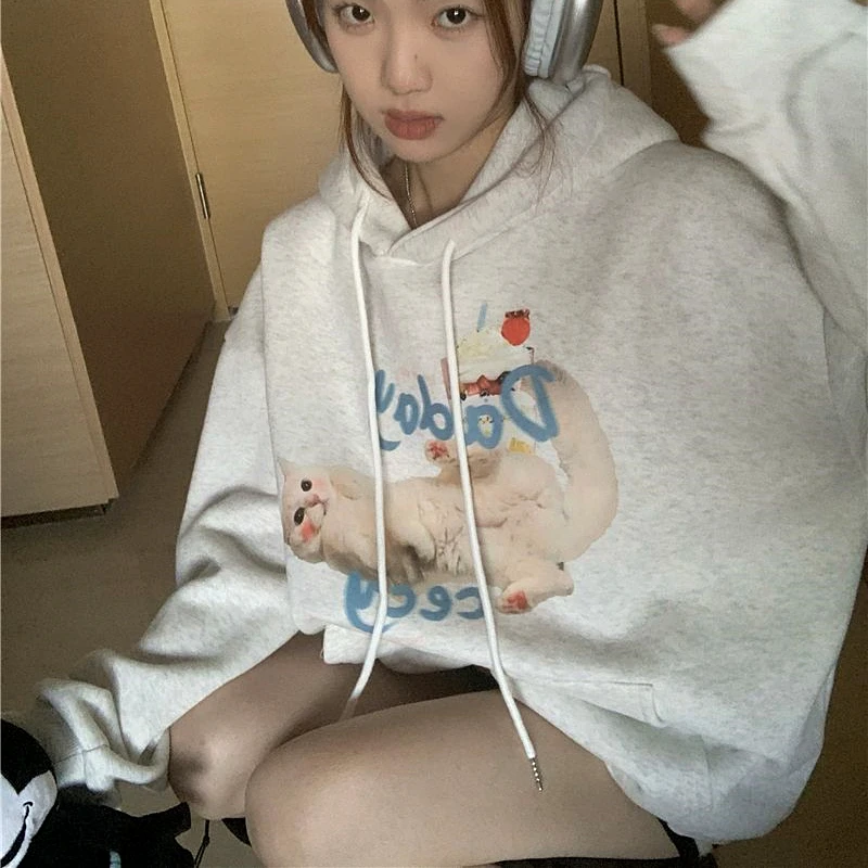 

Корейские милые толстовки с принтом торта и ленивого кота, осенне-зимний Свободный свитшот в стиле Харадзюку для мужчин и женщин, пуловер с длинным рукавом, повседневный