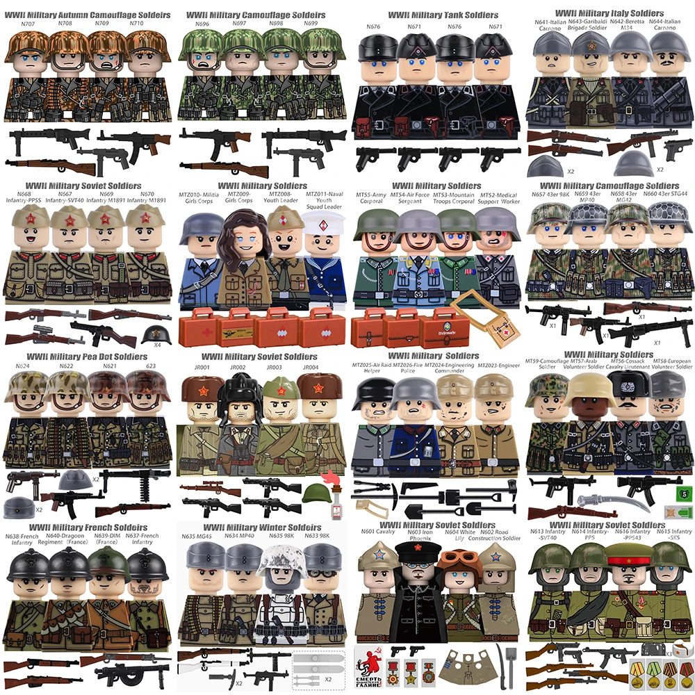 WW2 Military Camouflage Soldiers Building Set with Weapons and Helmets