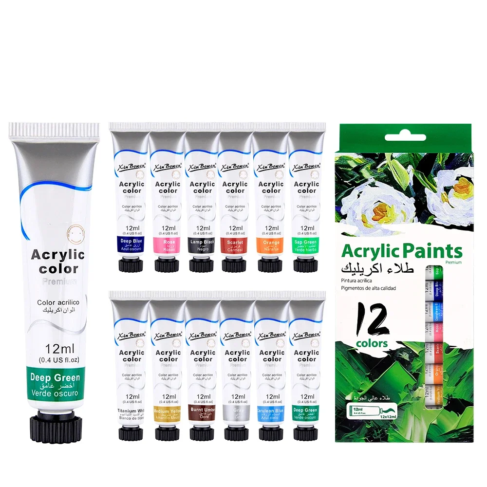 Acrylic Paint 12 Colors 12ml Tube Acrylic Paint Set Paint for Clothing Painting ，Rich，Glass Pigments for Artists Painting