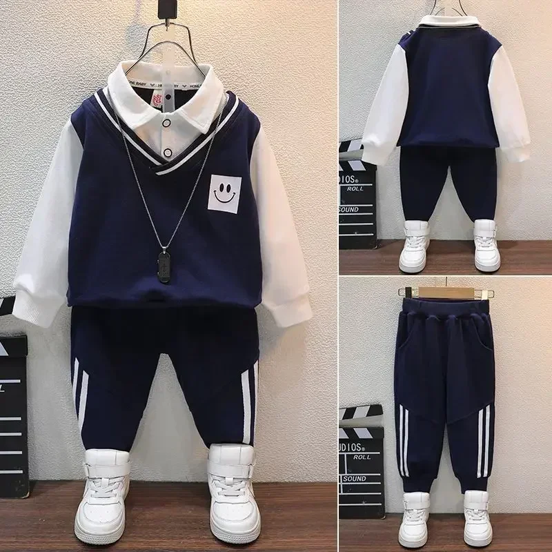 

Осенняя одежда для маленьких мальчиков, свитер с лацканами и штаны, костюм из 2 предметов, спортивный костюм в стиле пэчворк для мальчиков-подростков с улыбкой, спортивный костюм с боковыми полосками