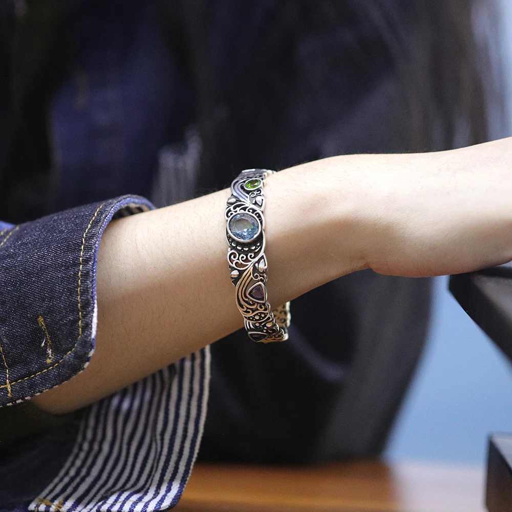 Silver Bracelet 925 Sterling Blue Purple Stone For Woman Girl Jewelry Gift