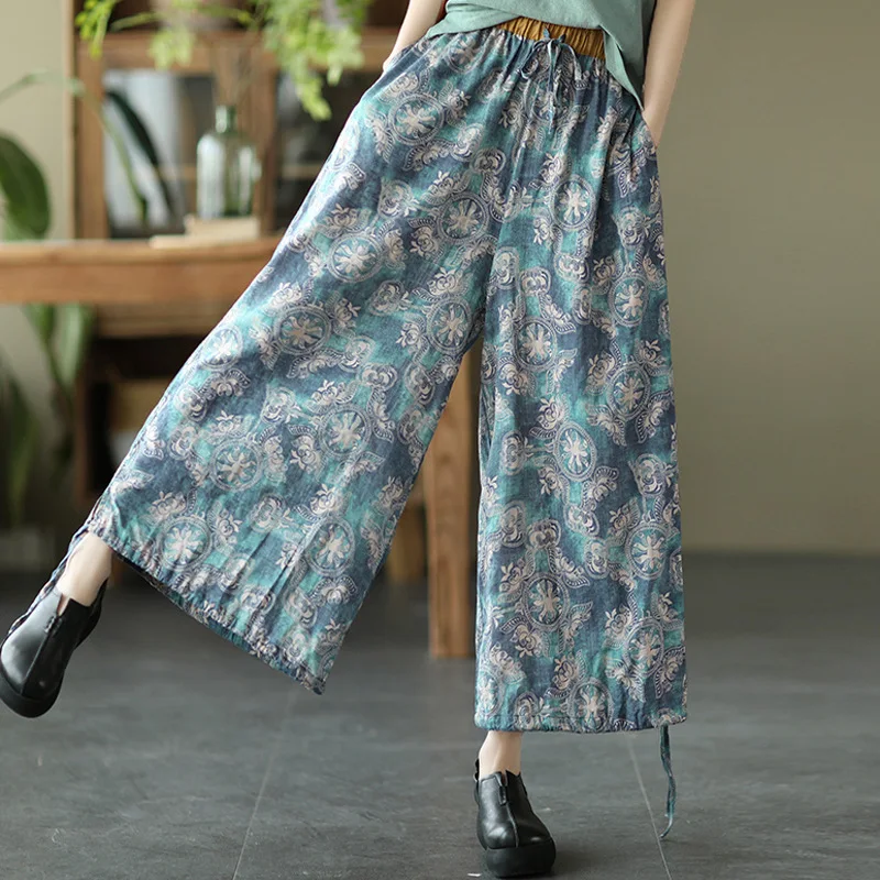 

Retro Printed Women's Trousers Lace-up Trousers Casual Pants Thin Cotton Linen Anti-Mosquito Pants Summer New