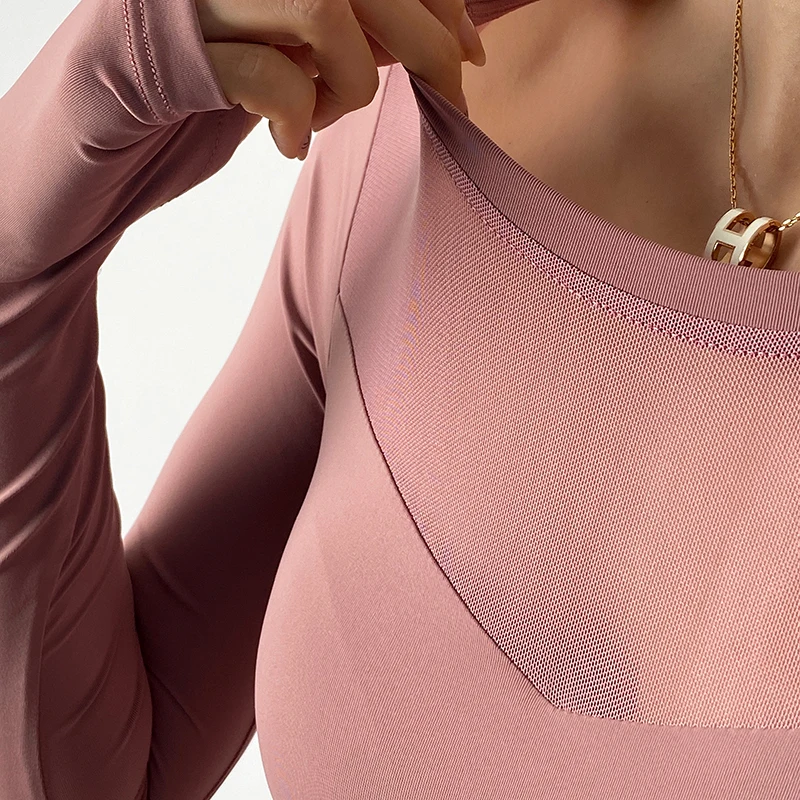Sexy Net Yarn Patchwork Yoga Crop Tops Women Gym Fitness Running Long Sleeve Sport T Shirts Female Tight Dance Training Clothing
