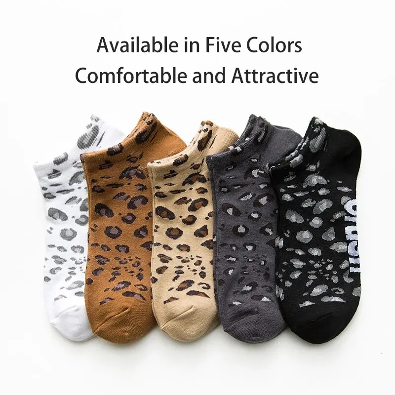 Womens Socks 5 Pairs Seasonal Leopard Print Cotton Sweat-absorbing Comfortable Sports Low Top