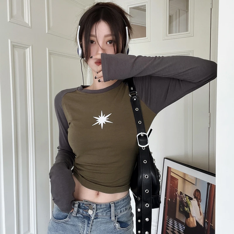 

Vintage Drawstring Long Sleeve T-Shirt Women Spring Autumn 2023 Print Slim Fit Casual Y2K Tees Korean Chic Aesthetic Kpop Tops