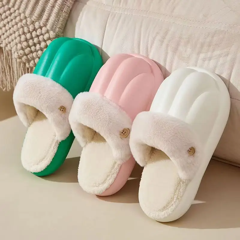 

Shevalues Women Slippers Fur Warm Slippers Winter Thick Bottom Waterproof Anti-slip Cloud Slippers Indoor Fluffy Home Slippers