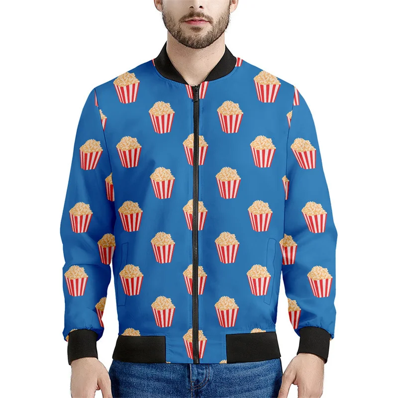 Chaqueta con cremallera y estampado de palomitas de maíz de dibujos animados para hombre, abrigo con estampado 3D de comida bonita, chaquetas holgadas para primavera y otoño, ropa de calle de manga la