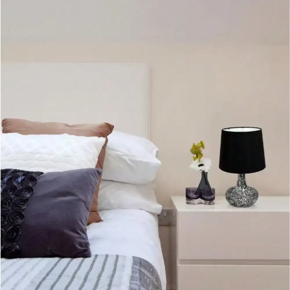 14.17 in. Mosaic Tiled Glass Genie Table Lamp with Satin Look Fabric Shade for Night Stands, Living Room, Office