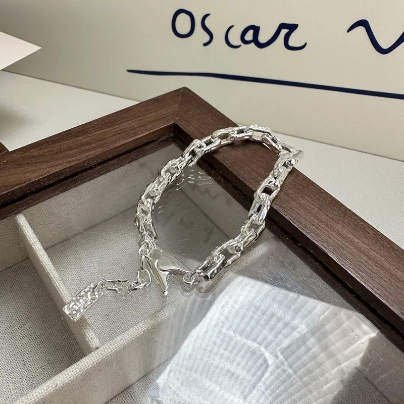 

S925 Sterling Silver Korean Texture Paper Clip Bracelet Wind Heavy Industry Blogger INS Jewelry Wholesale