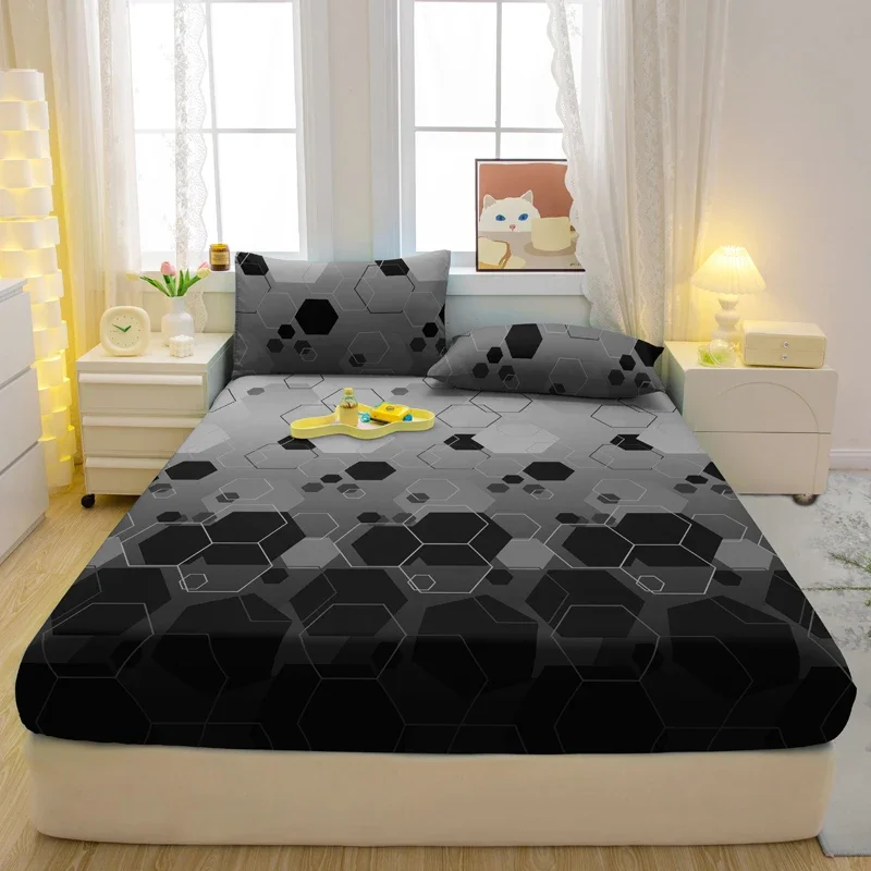 Set lenzuola con angoli in tre pezzi opache con motivo geometrico semplice e moderno da 3 pezzi, set copri letto stampato per camera da letto, biancheria da letto 2