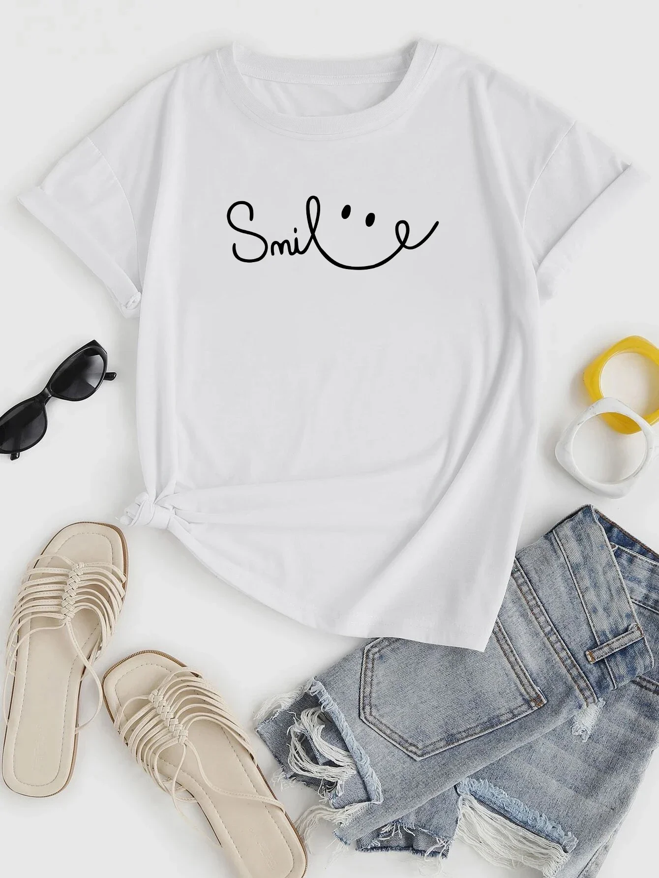 

Smile Print Crew Neck T shirt, Casual Loose Short Sleeve Fashion Summer T-Shirts Tops, Women's Clothing