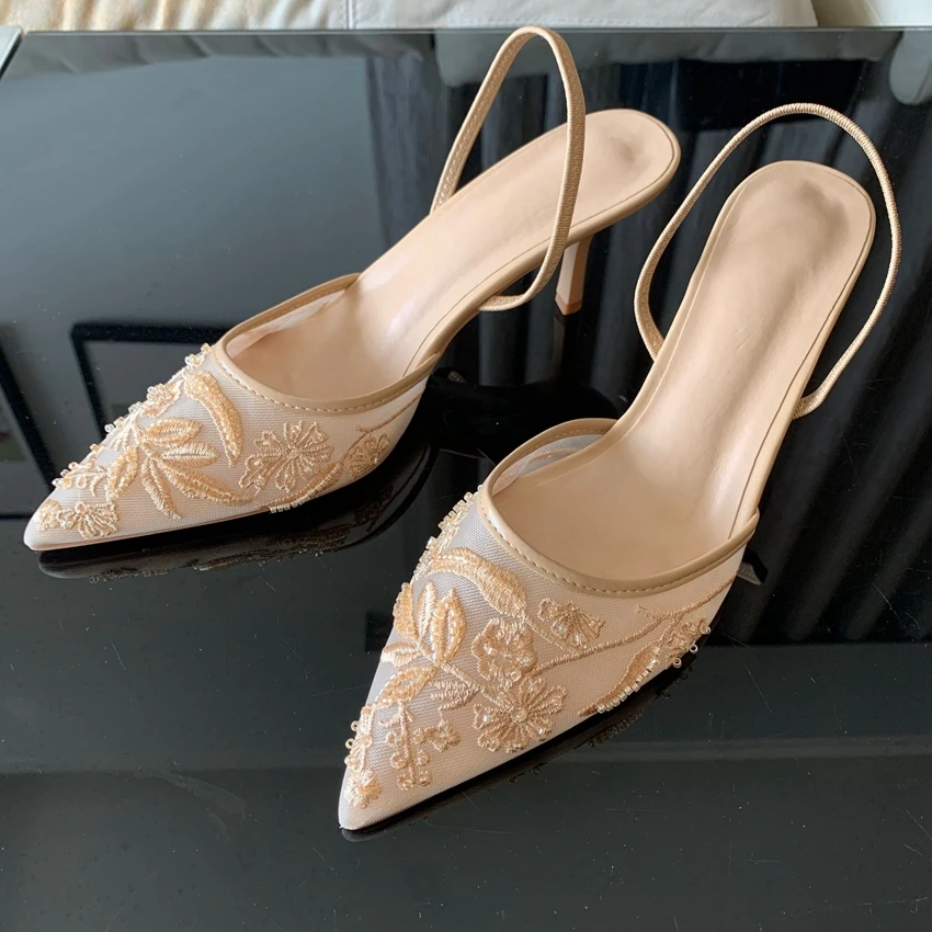 العلامة التجارية مصمم النساء مضخات شبكة مطرزة الزه...