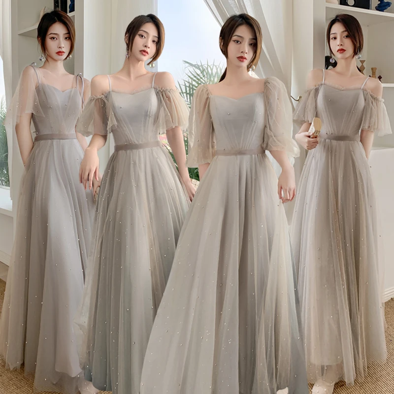 

Pearl Decor Grey Bridesmaid Dresses Women's New Summer Fairy Long Wedding Sisters Group Evening Dresses Skinny Lace Sling Dress