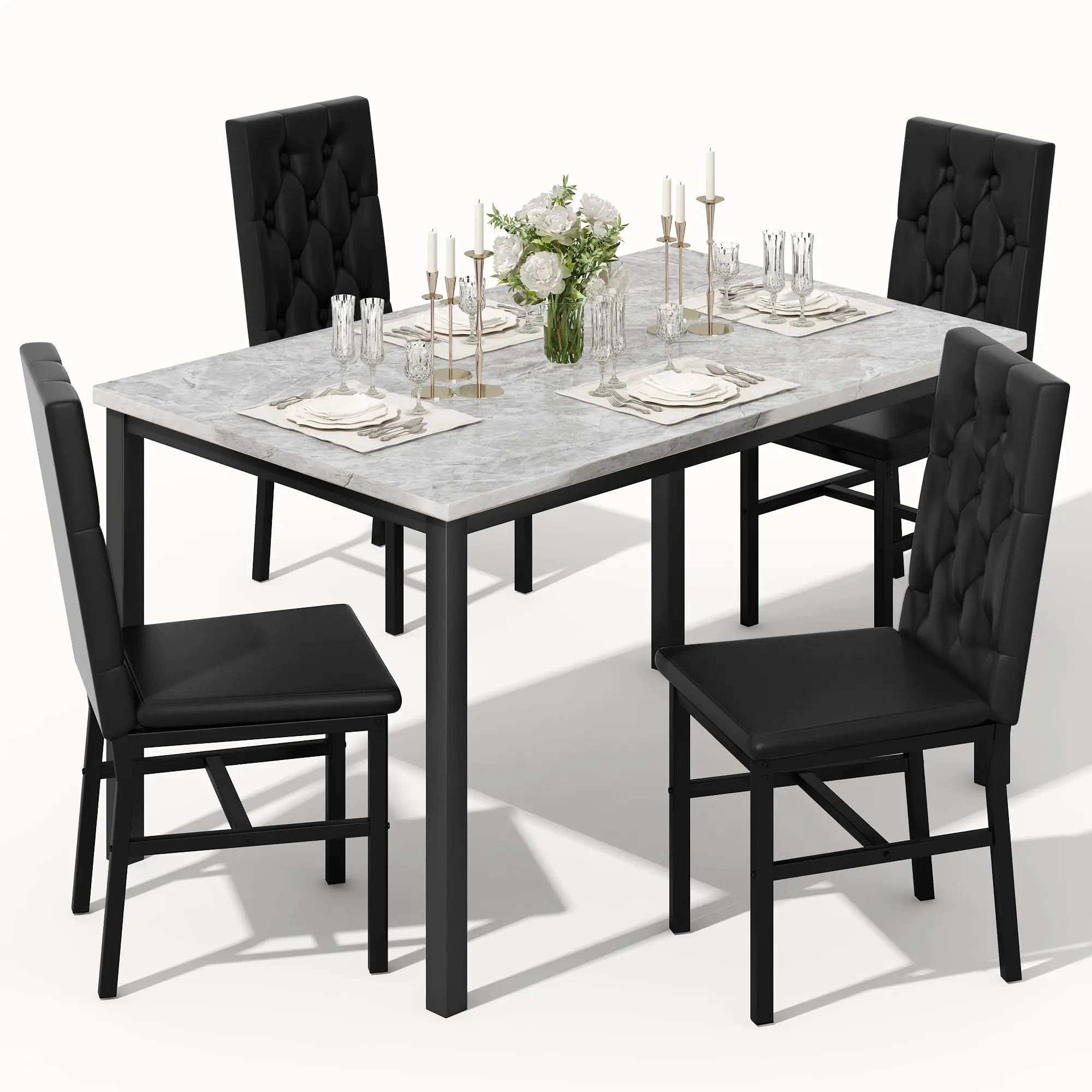 Hooseng Dining Table Set for 4, Faux Marble Small Kitchen Table Chairs Set of 4 with Luxurious Button Tufted Dinner Chairs — black