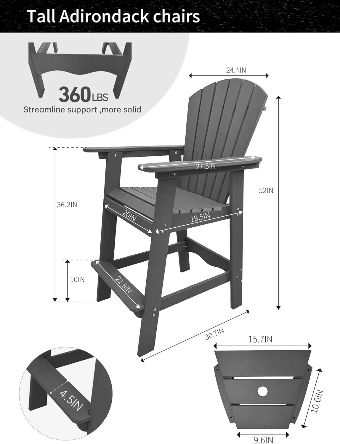 NEW-Poly Lumber Adirondack Chairs for Balcony Deck, hdpe Plastic Oversized Adirondack Chairs, 51.9''Tall - Grey