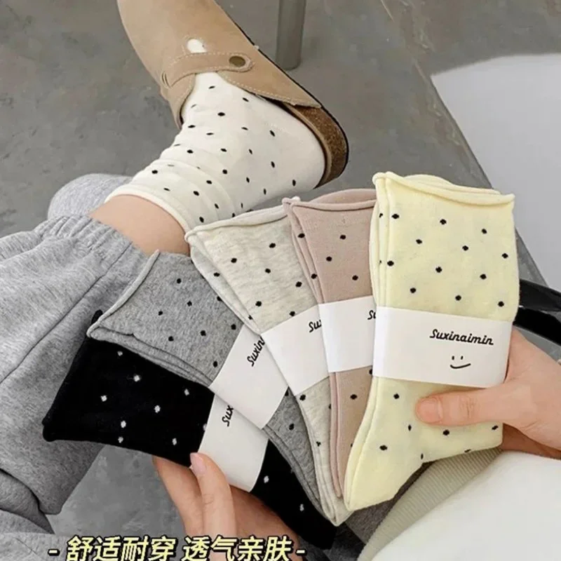 5 Pairs Women's Spring Socks – Cream Vintage Polka Dot Mid-Tube Rolled Edge Socks, Thin Artistic Summer Socks