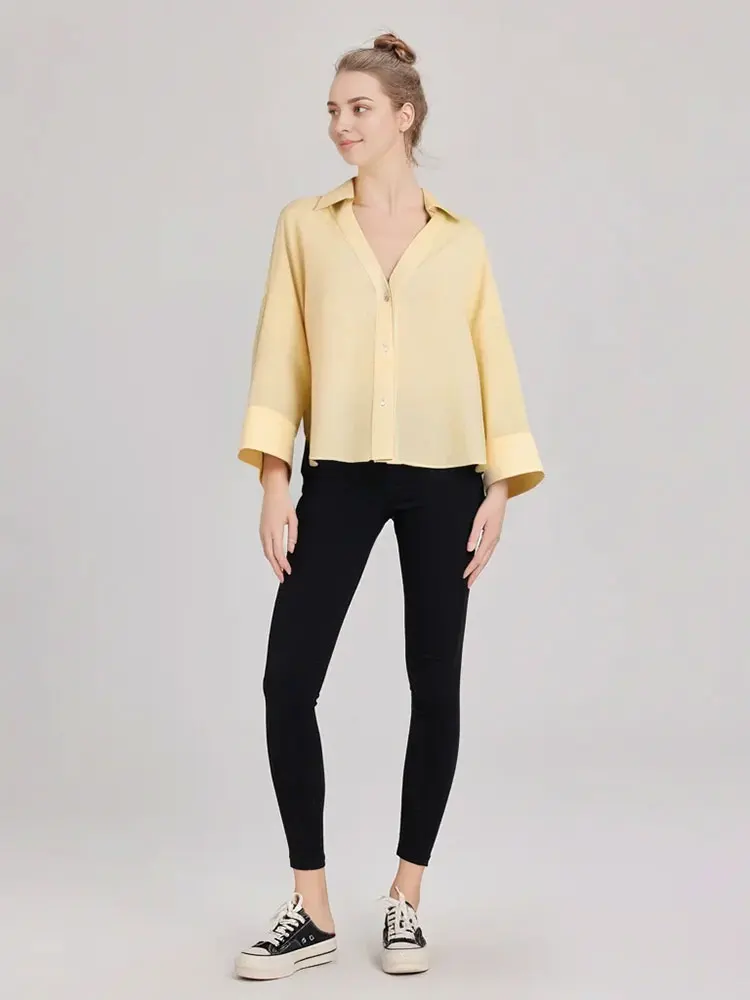 HH Women Fashion Yellow Blouse V Neck Button Drop Sleeves Shirt Summer Female Loose Casual Office Lady Shirts Chic Tops
