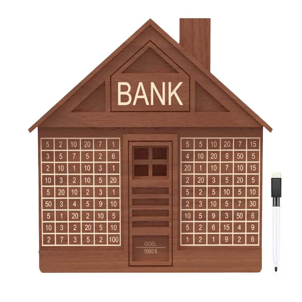 House Shaped Piggy Bank Money Saving Box with Number & Marker Rustic Coin Bank Money Storage Box for Children and Adults