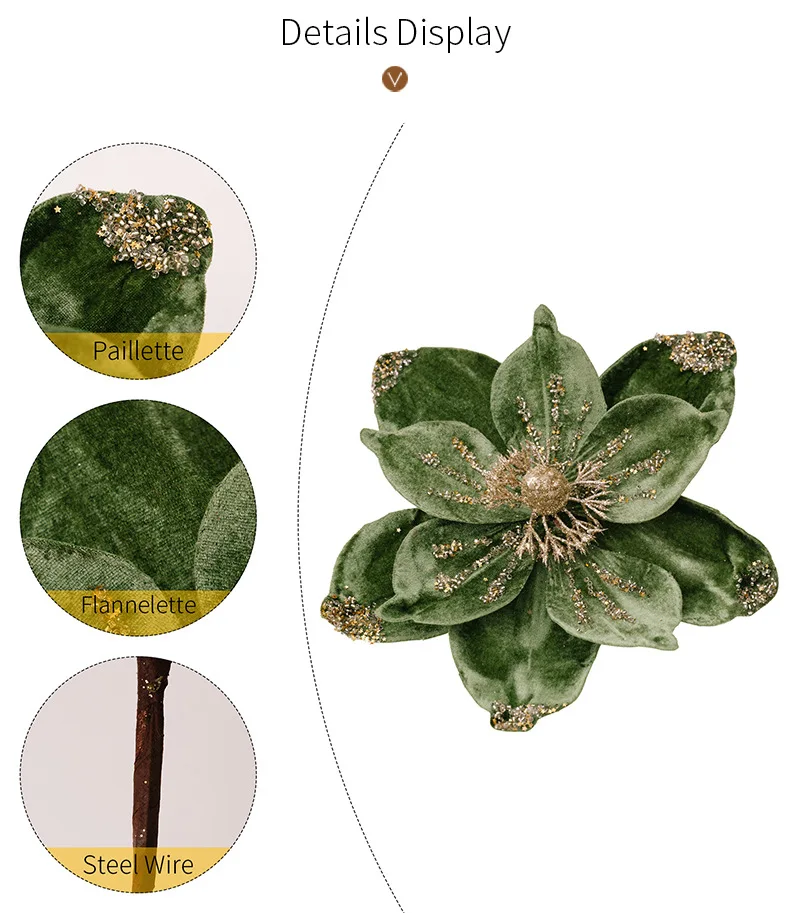 Gold Glitter Christmas Flower Decor - Flocked Fabric Holly Sprig with Glitter for Tree Wreath & Holiday Arrangements
