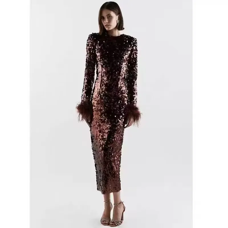 

Luxury Sequin Round Neck Party Dress for Women, High Quality, Ostrich Hair Splicing, Slim , Wrap Hip, Elastic, Long Dress, G006