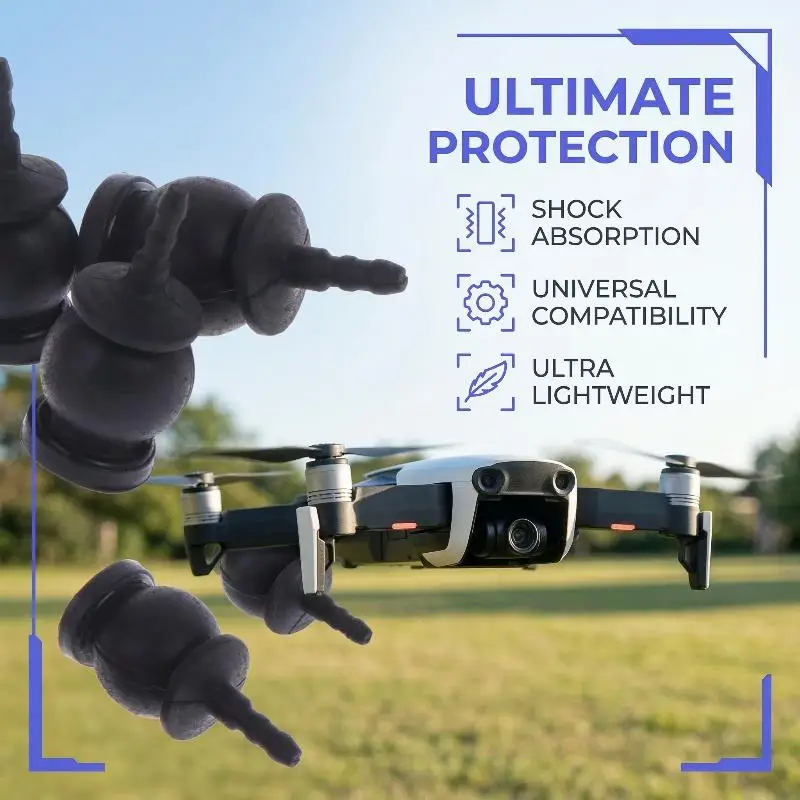 Trois billes anti-vibration pour cardan drone alignées, avec un drone en arrière-plan flou, illustrant leur usage.