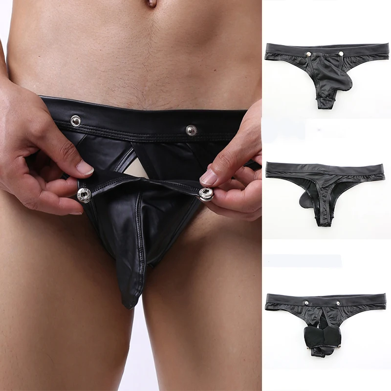 

Men's Sexy Faux Leather Sexy Briefs Low Rise Thongs Open Pouch Bag Men Lingerie Underwear Ropa Interior Hombre