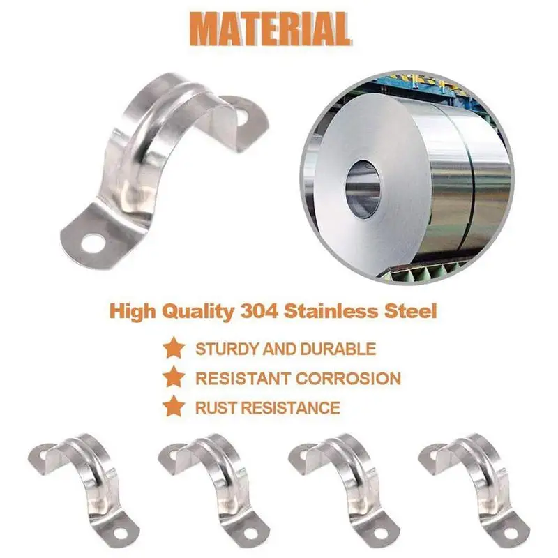 10pcs U Shape Pipe Clamps 20-60mm Stainless Steel Two Hole Strap Conduit Tube Clip Water 2-hole Pipe Plumbing Saddle Clamps