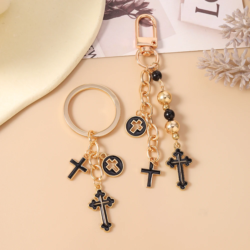 Modischer Gothic-Schlüsselanhänger mit schwarzem Kreuz, handgefertigter Perlen-Schlüsselring-Anhänger für Damen und Mädchen, Handtaschen-Deko, DIY-Schlüsselanhänger, Schmuckgeschenk