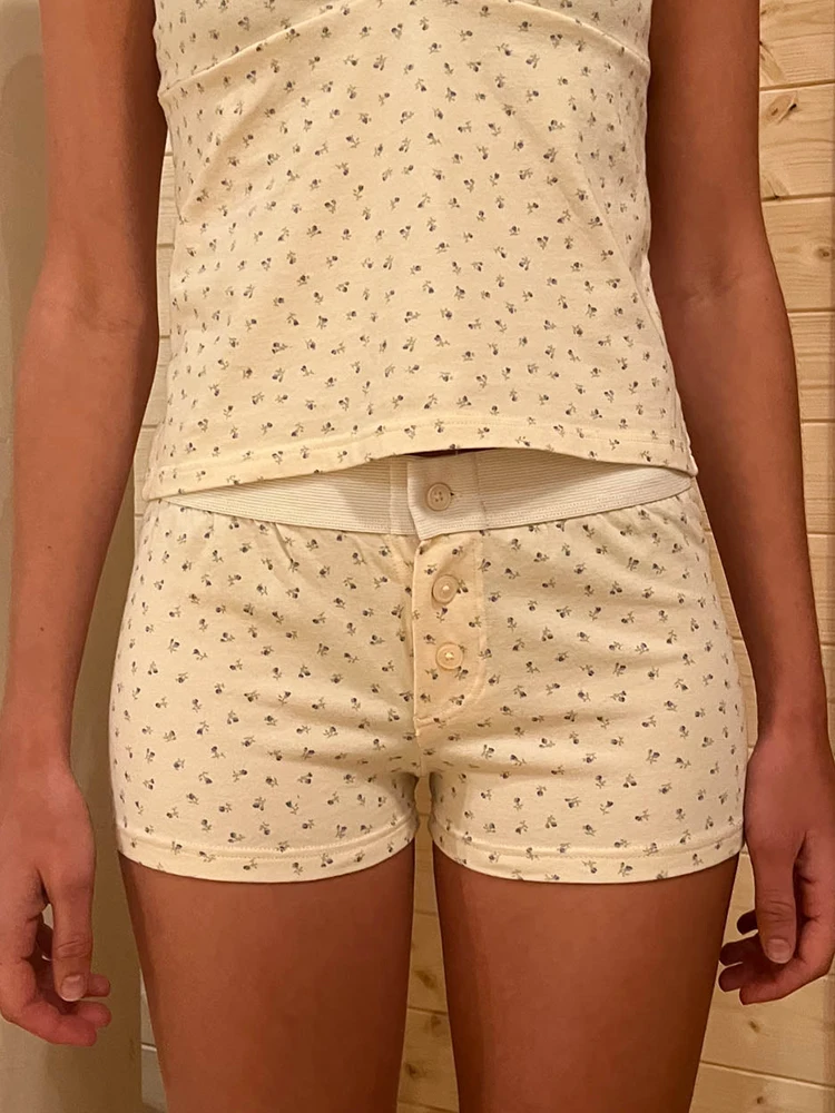 Floral Print Patchwork Shorts Women Summer Cute Elastic High Waist Slim Button Home Short Pants Y2k Vintage Sweet Casual Shorts