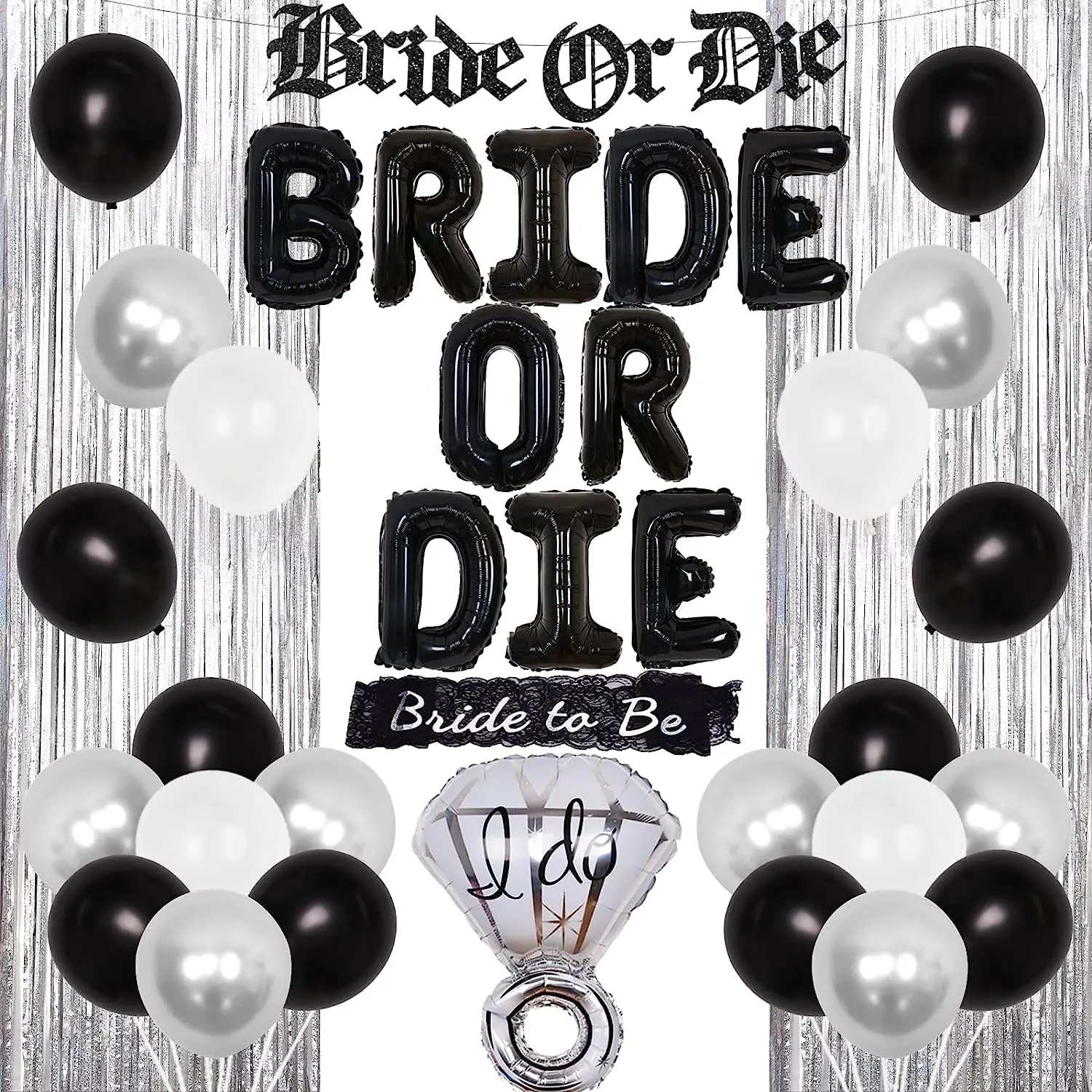 

Bride or Die Bachelorette Party Decoration Black Silver Gothic Bridal Shower Bride to Be Sash Banner Balloons for Hen Engagement