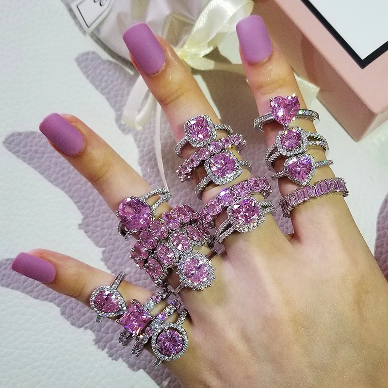 2026 New Luxury Fashion silver color Pink Engagement Wedding Band Eternity Ring For Women Christmas Gift Love Jewelry Z2 2