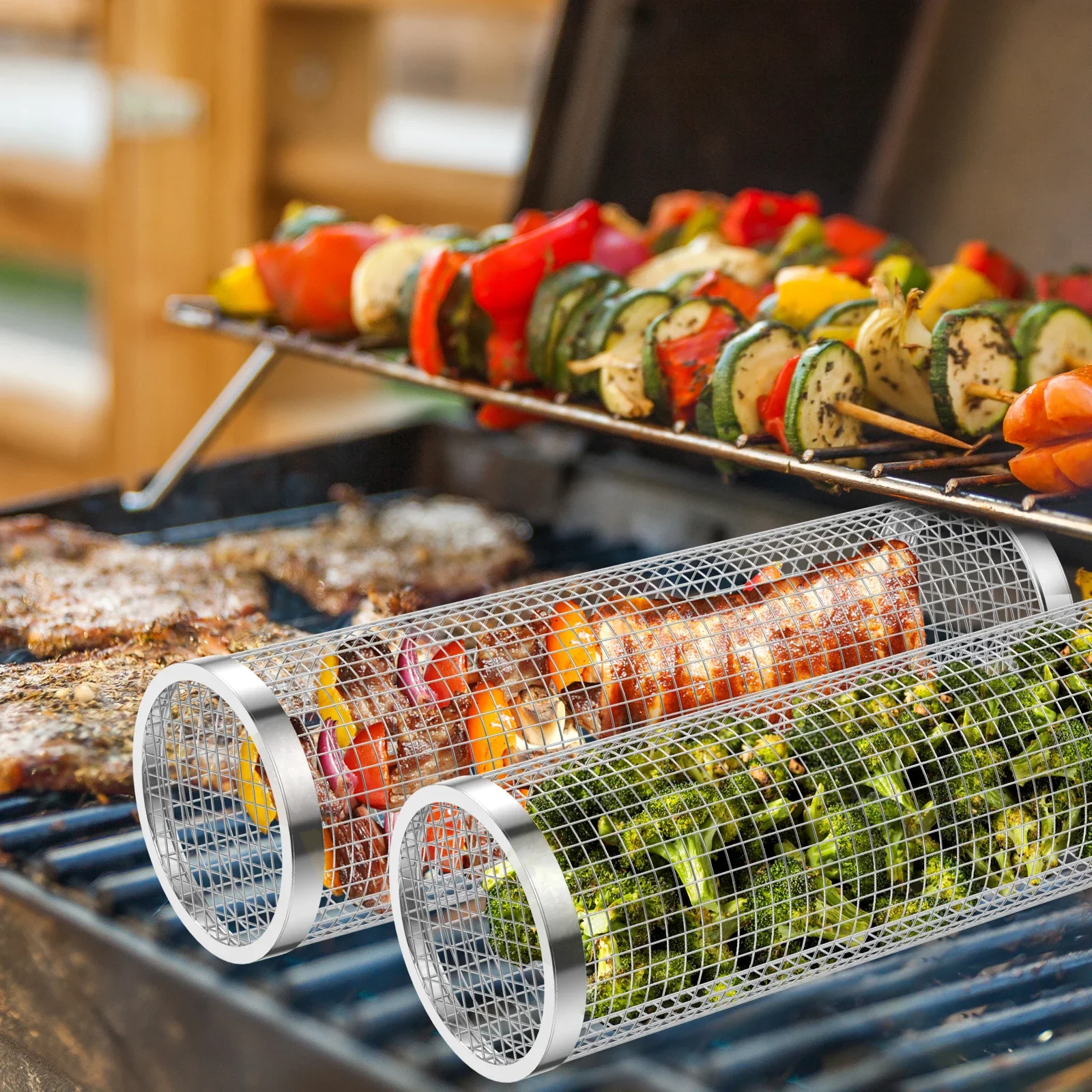 BBQ Basket Stainless Steel Rolling Grilling Basket Wire Mesh Cylinder Grill Basket Portable Round Outdoor Camping Barbecue Rack