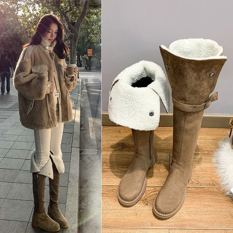 de lana de cordero para mujer, botines de nieve con hebilla de cinturón de tacón grueso de estilo británico, de felpa, de tubo alto | - AliExpress