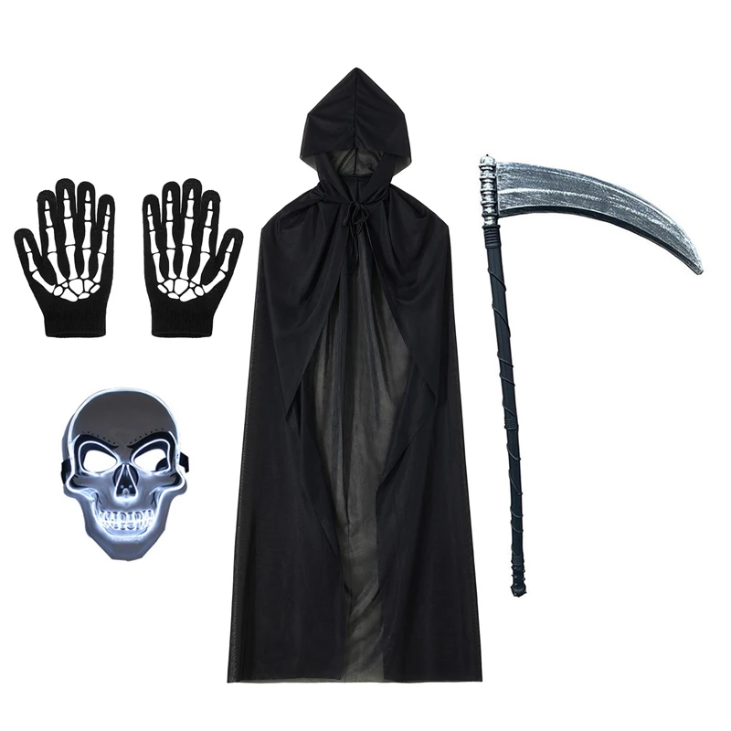 

Halloween Grim Reaper Costumes Black Hooded Cape Light up Facewear and Gloves Scythe for Men Cosplay Party Outfits