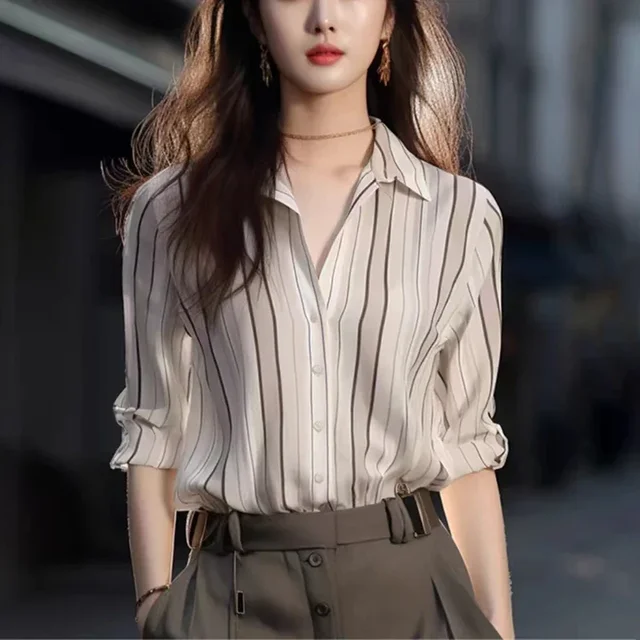 Women’s 2024 Vintage Stripe Shirt – Loose Elegant Casual Blouse