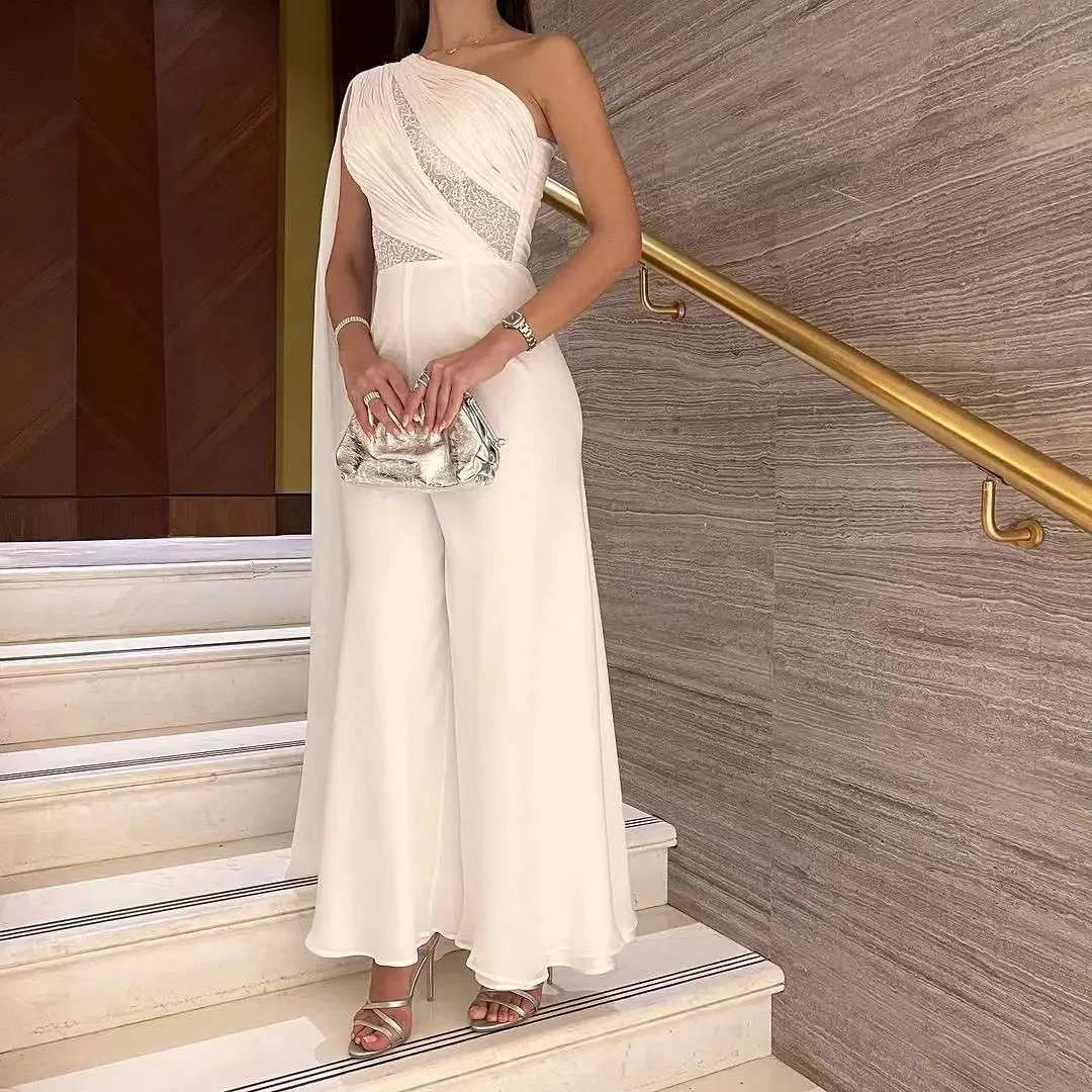 Evening Dress Chiffon Long Prom Dresses Jumpsuit One Shoulder Sequins Backless Ankle Length Saudi Arabia Party Dress Beautiful