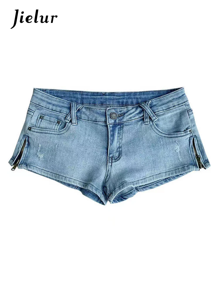 Jielur Sexy Low Waist Tight Hip Female Shorts Summer Slim American Style Chic Zipper Split Denim Women Shorts Fashion Streetwear