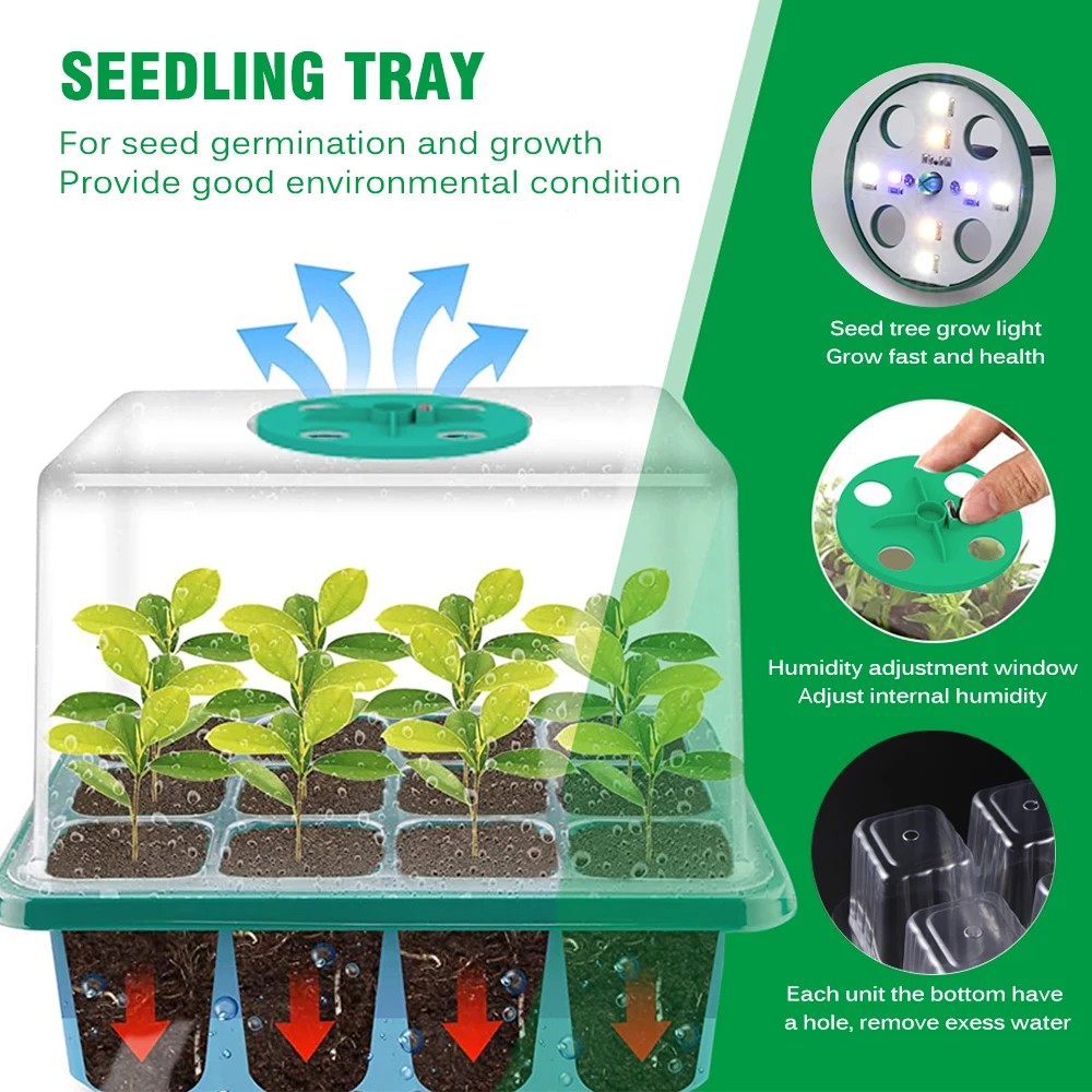 Plants Seed Starter Trays With Grow Light 12 Holes Per Tray For Home Plant Greenhouse