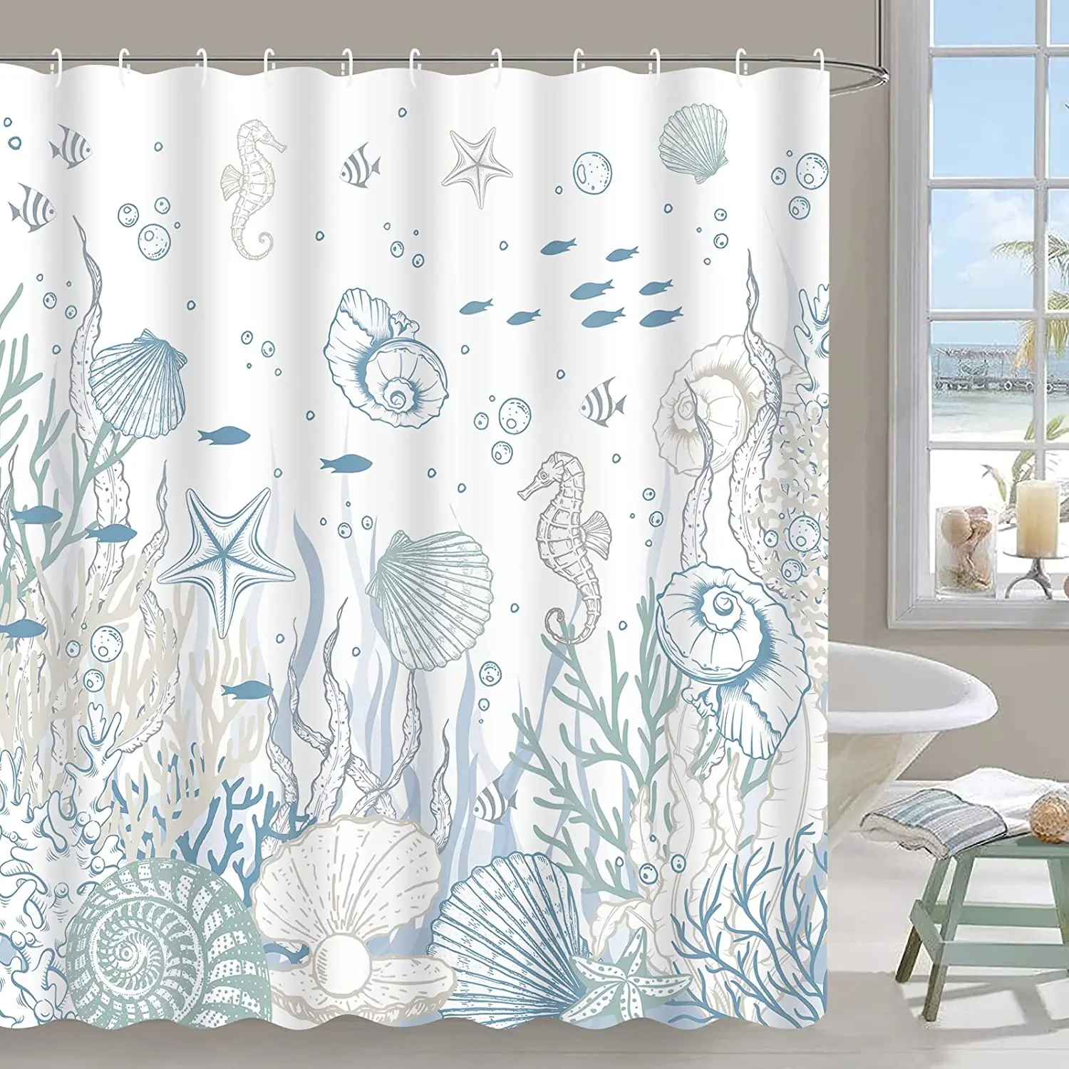 Nautical Coastal Shower Curtains Starfish Seashell Coral Reef Tropical Ocean Beach Marine Life Fabric Bathroom Decor with Hooks 3