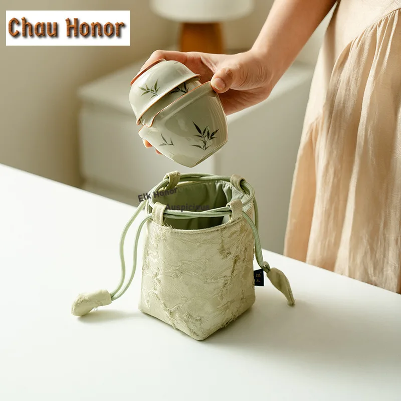 Hand-painted Ash Bamboo Green Travel Tea Set Kit Luxury 1 Pot 2 Cups Tea Brewing Organizer Portable Camping Stock Bags Ornaments