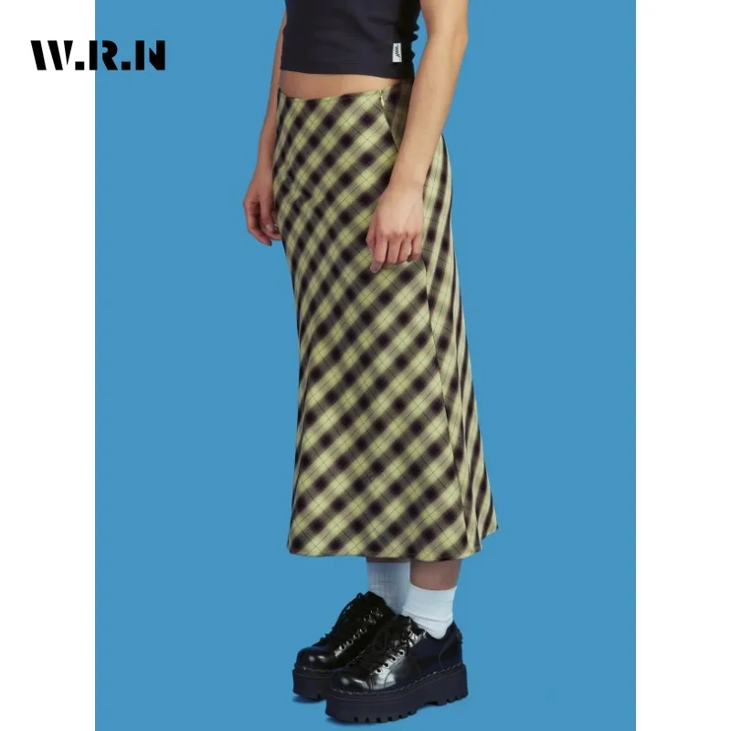 

2023 Summer Women's Vintage Plaid Print Soft Mid Long Skirts Korean Sweet Preppy Style Chiffon High Waist Loose Zipper Skirt