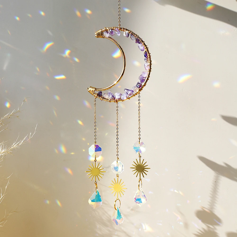 Attrape-soleil en pierre naturelle, prisme lune et Lotus, attrape-soleil  suspendu en cristal, arc-en-ciel, décoration de fenêtre de jardin -  AliExpress