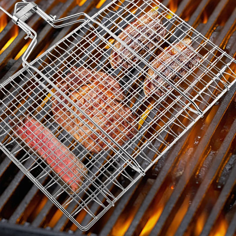 304 Stainless Steel BBQ Non Stick Grilling Basket Grill Mesh Mat Meat Vegetable Steak Picnic Party Barbecue Tool Heat Resistant
