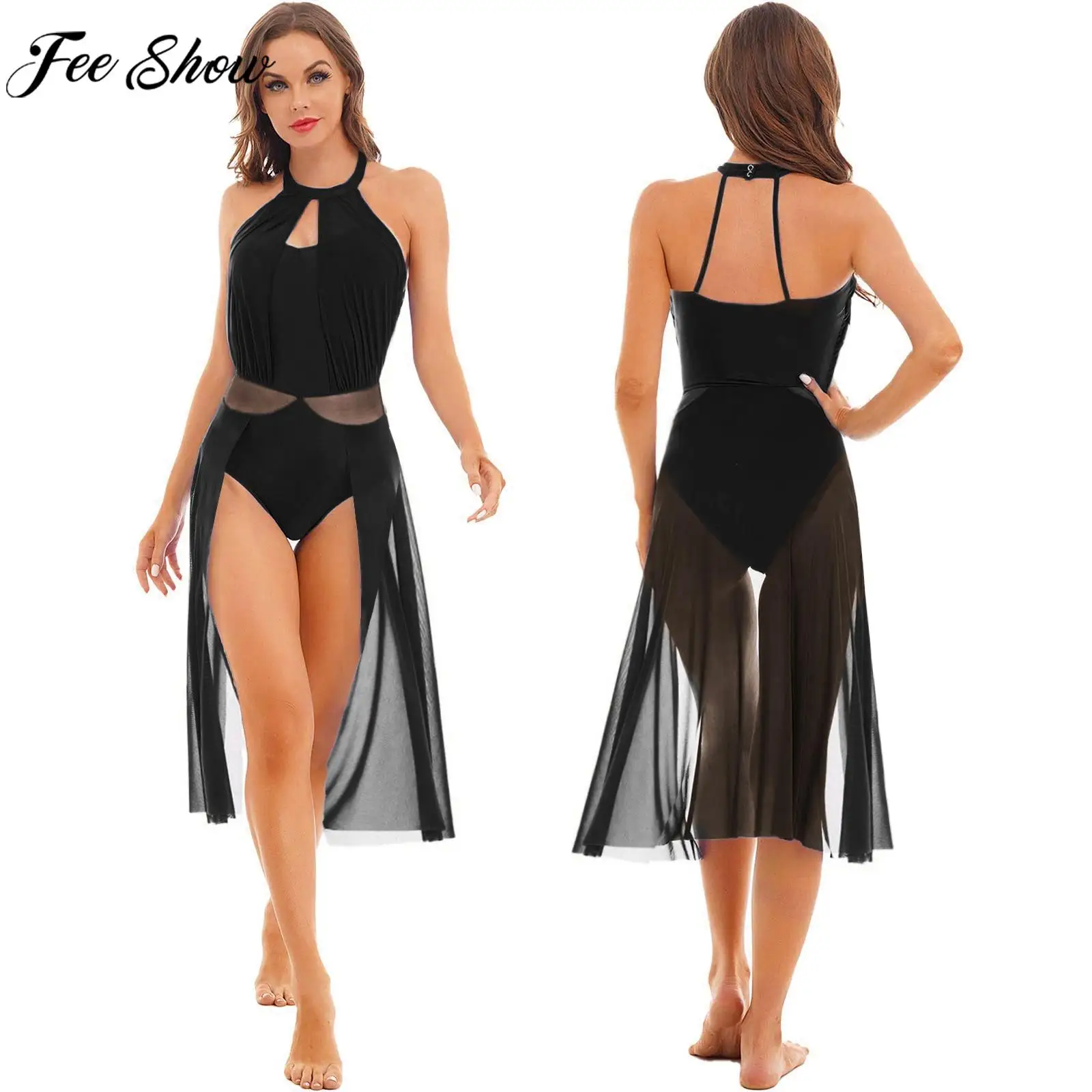 

Women Lyrical Dance Dress Ballet Gymnastics Leotard Sleeveless Backless Halter Sheer Mesh Dancewear for Skating Performance
