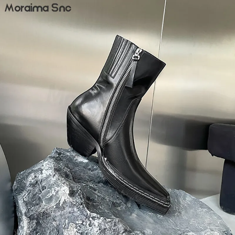 Retro Handsome Chelsea Short Boots Autumn and Winter Fashion Pointed Toe Thick Heel Mid-Heeled Boots Personalized Women's Boots